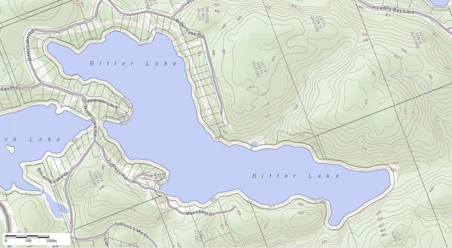 Topographical Map of Bitter Lake in Municipality of Dysart et al and the District of Haliburton